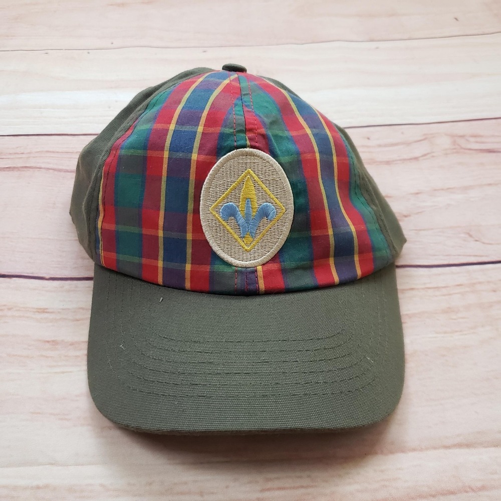 Boy Scouts Hat Cap Strap Back Mens M/L Green Plaid Outdoor Camping Logo Adult